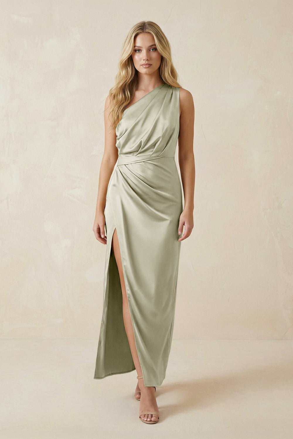 One-Shoulder Satin Ruched Sheath Bridesmaid Dress in Frost