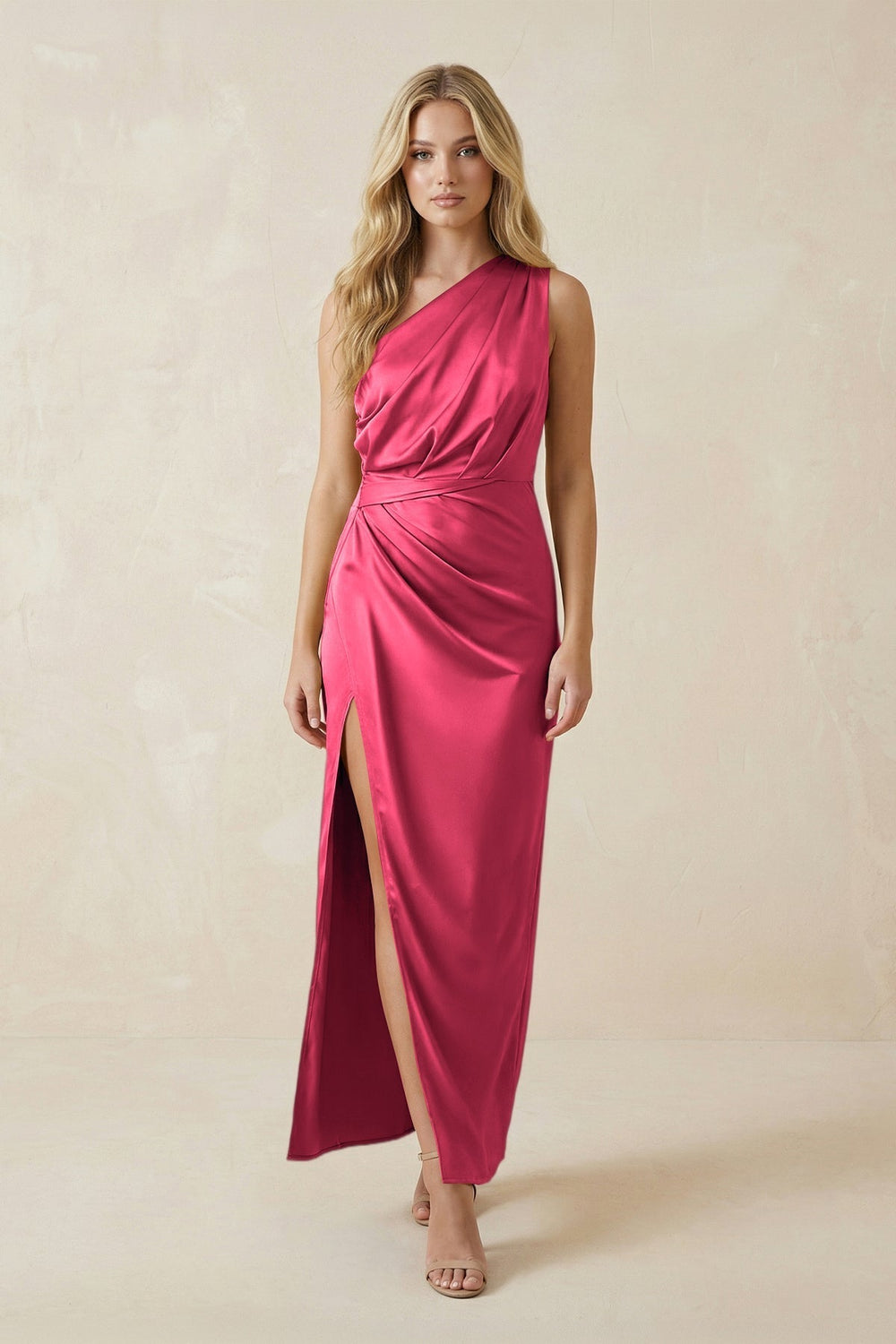 One-Shoulder Satin Ruched Sheath Bridesmaid Dress in Fuchsia