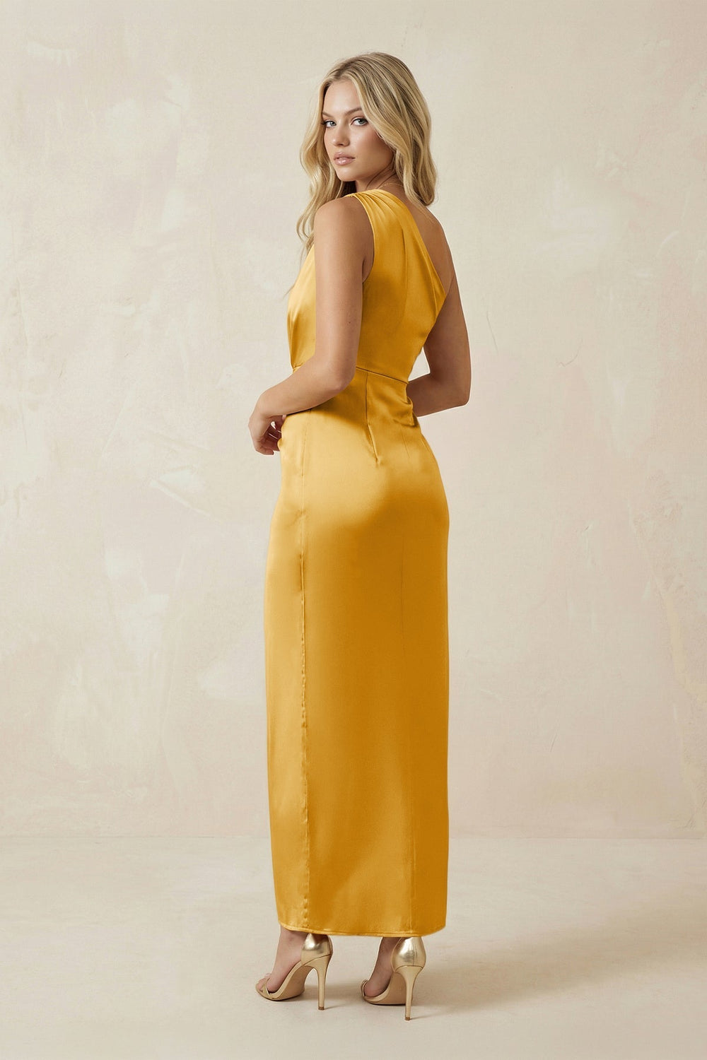 One-Shoulder Satin Ruched Sheath Bridesmaid Dress in Gold
