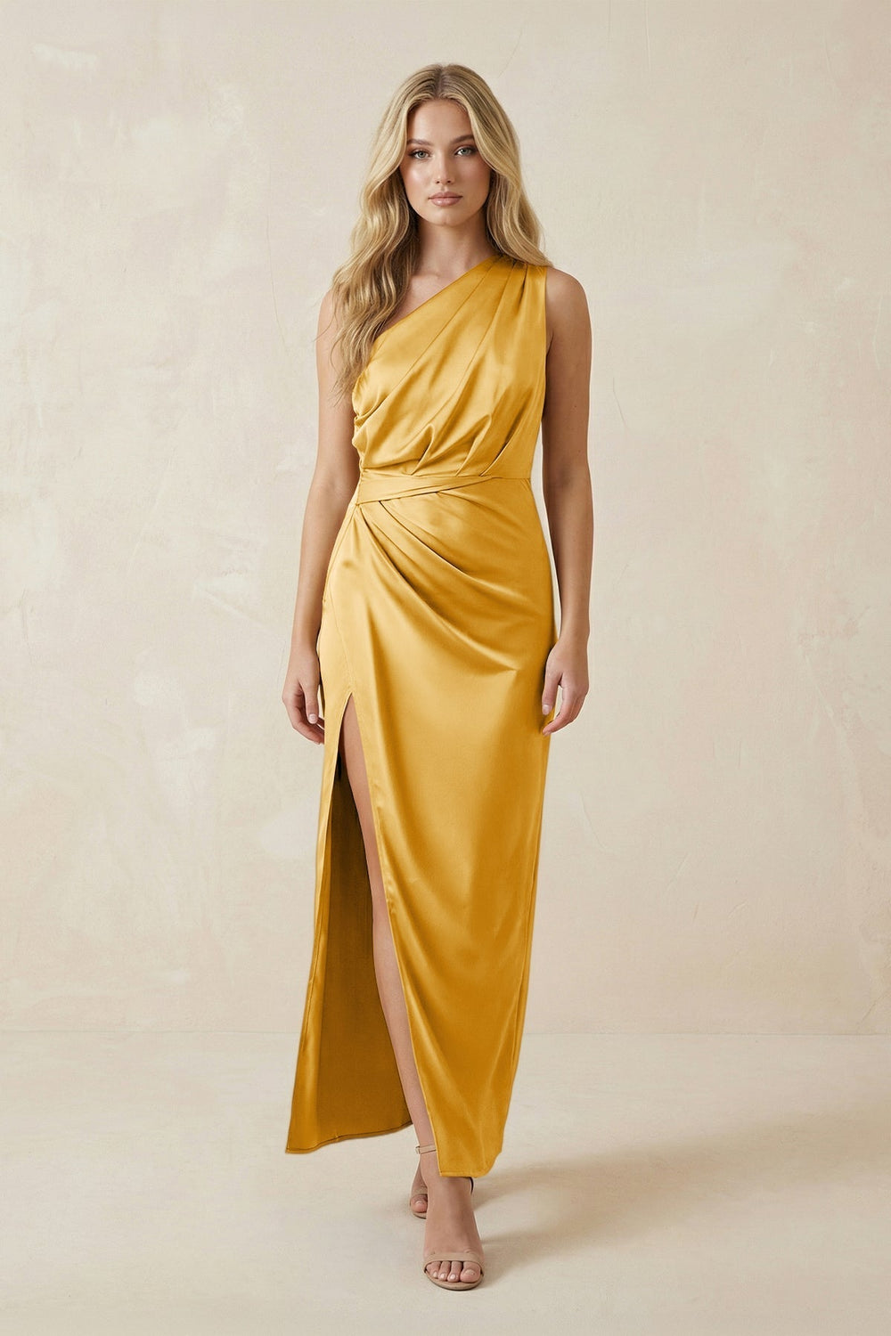 One-Shoulder Satin Ruched Sheath Bridesmaid Dress in Gold