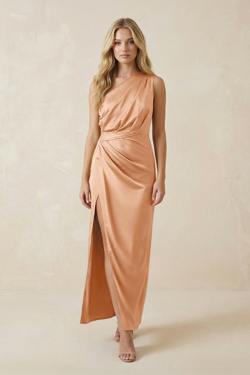 One-Shoulder Satin Ruched Sheath Bridesmaid Dress in Golden Champagne