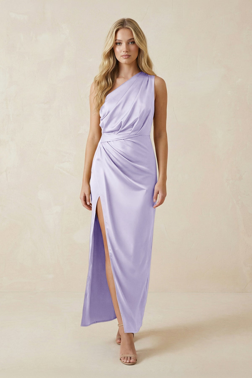 One-Shoulder Satin Ruched Sheath Bridesmaid Dress in Lavender