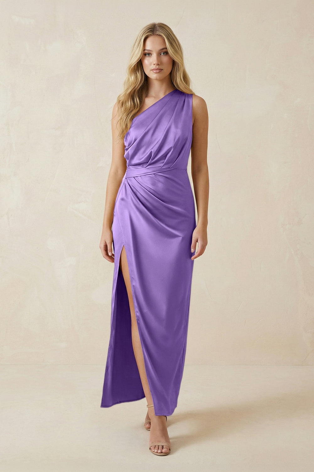 One-Shoulder Satin Ruched Sheath Bridesmaid Dress in Lilac