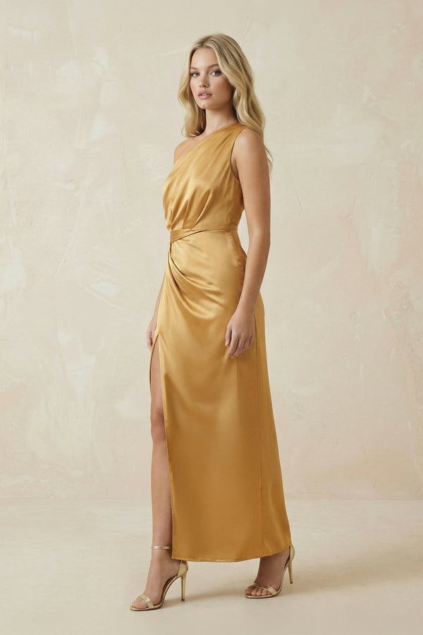 One - Shoulder Satin Ruched Sheath Bridesmaid Dress in Marigold - KISS BRIDAL Bridesmaid Dresses