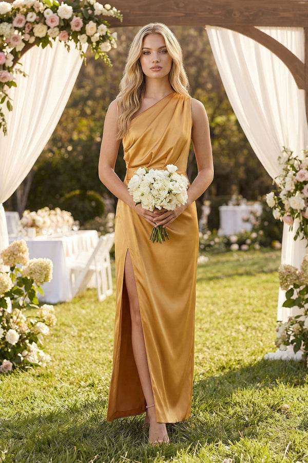 One - Shoulder Satin Ruched Sheath Bridesmaid Dress in Marigold - KISS BRIDAL Bridesmaid Dresses