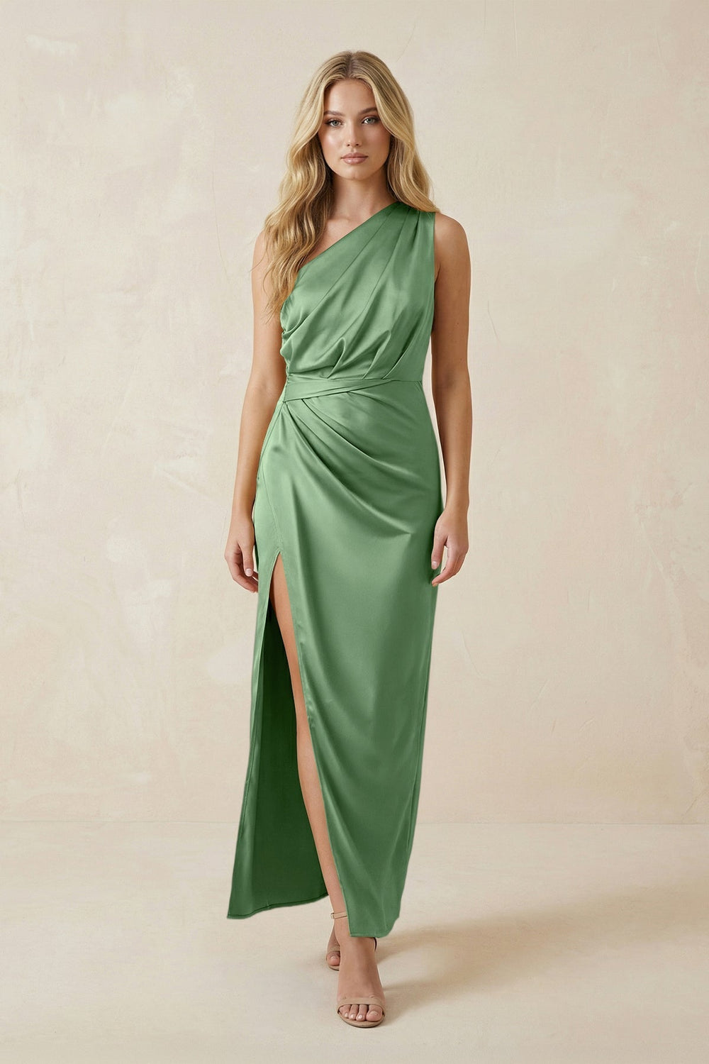 One-Shoulder Satin Ruched Sheath Bridesmaid Dress in Matcha