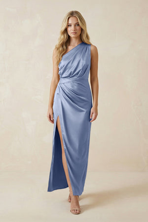 One - Shoulder Satin Ruched Sheath Bridesmaid Dress in Mist - KISS BRIDAL Bridesmaid Dresses