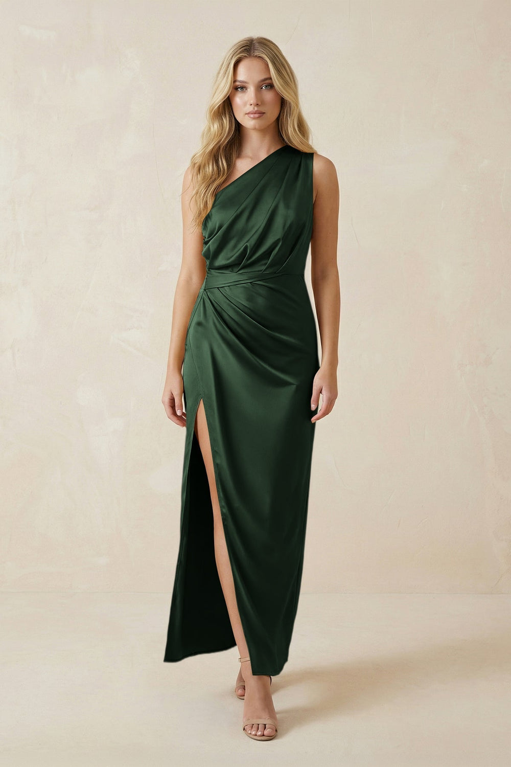 One-Shoulder Satin Ruched Sheath Bridesmaid Dress in Moss