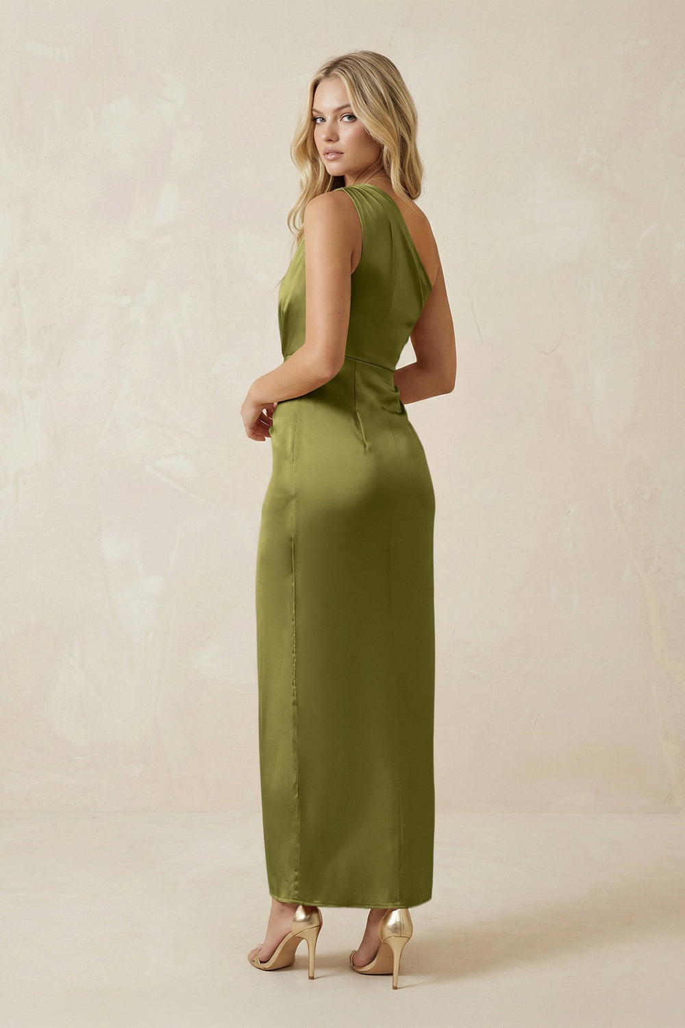 One-Shoulder Satin Ruched Sheath Bridesmaid Dress in Moss Green