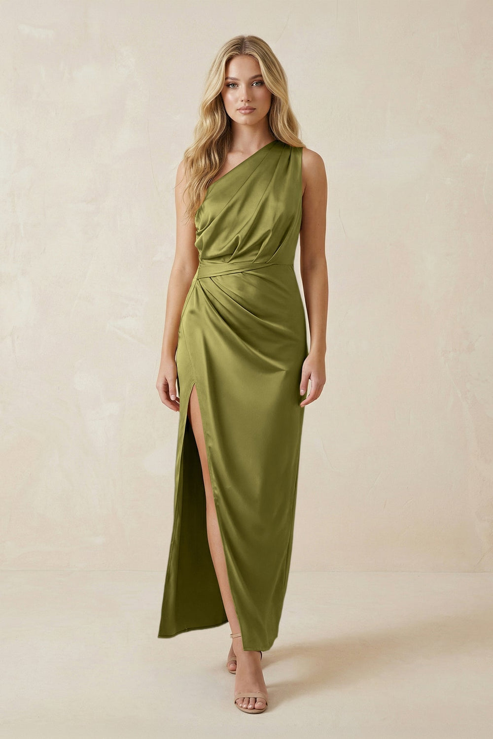 One-Shoulder Satin Ruched Sheath Bridesmaid Dress in Moss Green