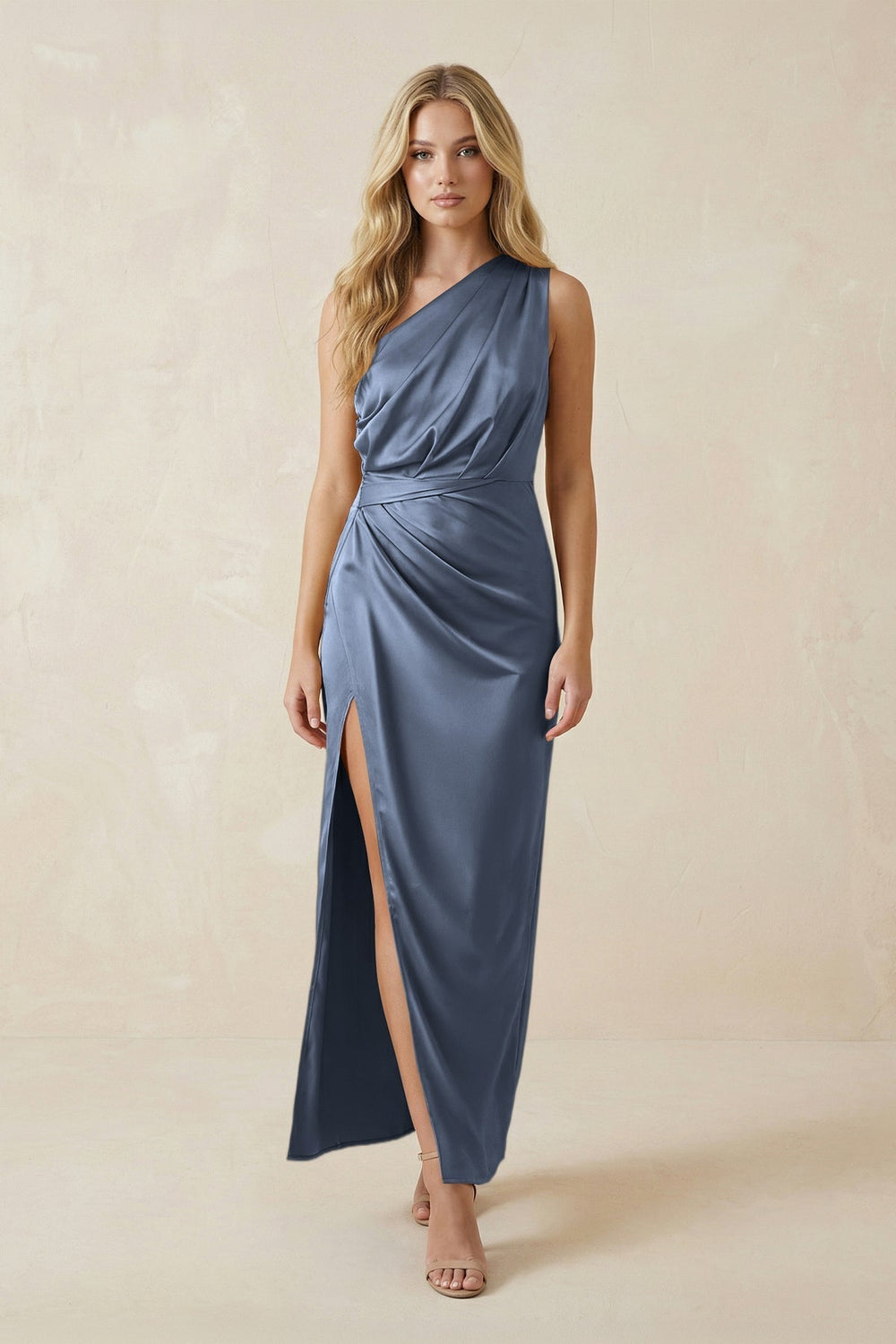 One-Shoulder Satin Ruched Sheath Bridesmaid Dress in Neptune