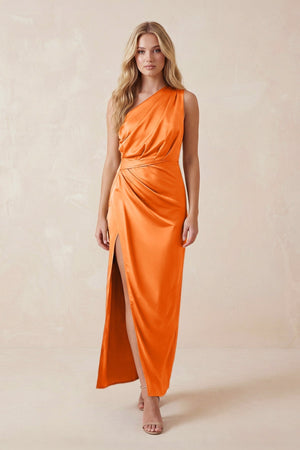 One - Shoulder Satin Ruched Sheath Bridesmaid Dress in Orange - KISS BRIDAL Bridesmaid Dresses