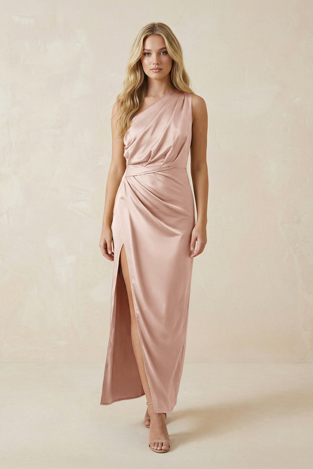 One-Shoulder Satin Ruched Sheath Bridesmaid Dress in Pale Blush
