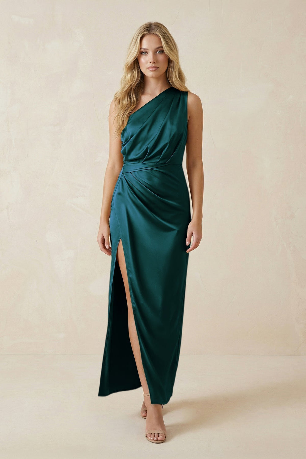 One-Shoulder Satin Ruched Sheath Bridesmaid Dress in Pine