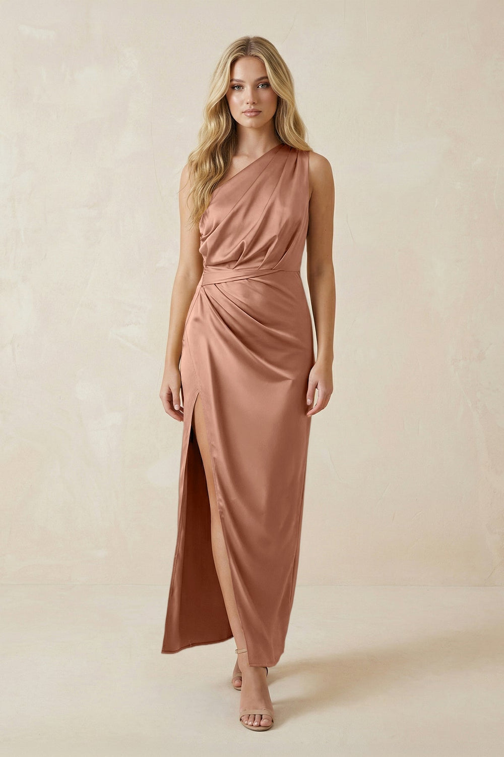One-Shoulder Satin Ruched Sheath Bridesmaid Dress in Rosette