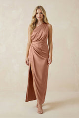 One - Shoulder Satin Ruched Sheath Bridesmaid Dress in Rosette - KISS BRIDAL Bridesmaid Dresses
