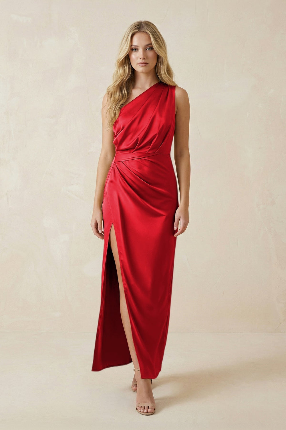 One-Shoulder Satin Ruched Sheath Bridesmaid Dress in Ruby Red