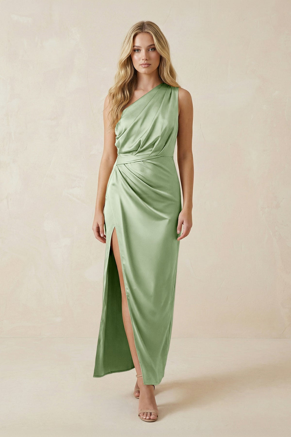 One-Shoulder Satin Ruched Sheath Bridesmaid Dress in Sage