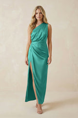 One - Shoulder Satin Ruched Sheath Bridesmaid Dress in Sea Glass - KISS BRIDAL Bridesmaid Dresses