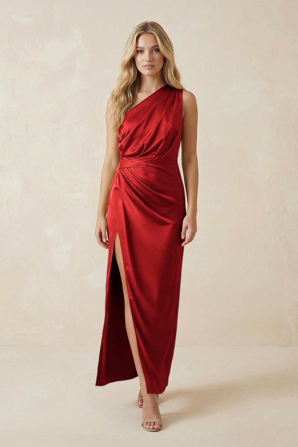 One-Shoulder Satin Ruched Sheath Bridesmaid Dress in Spice