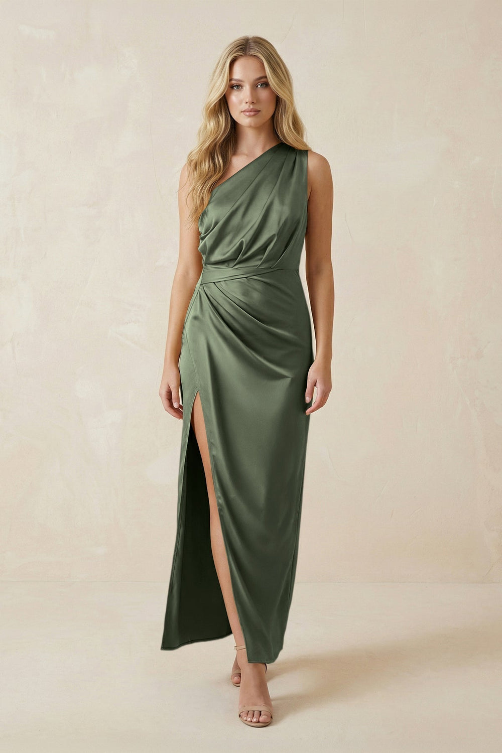 One-Shoulder Satin Ruched Sheath Bridesmaid Dress in Thyme