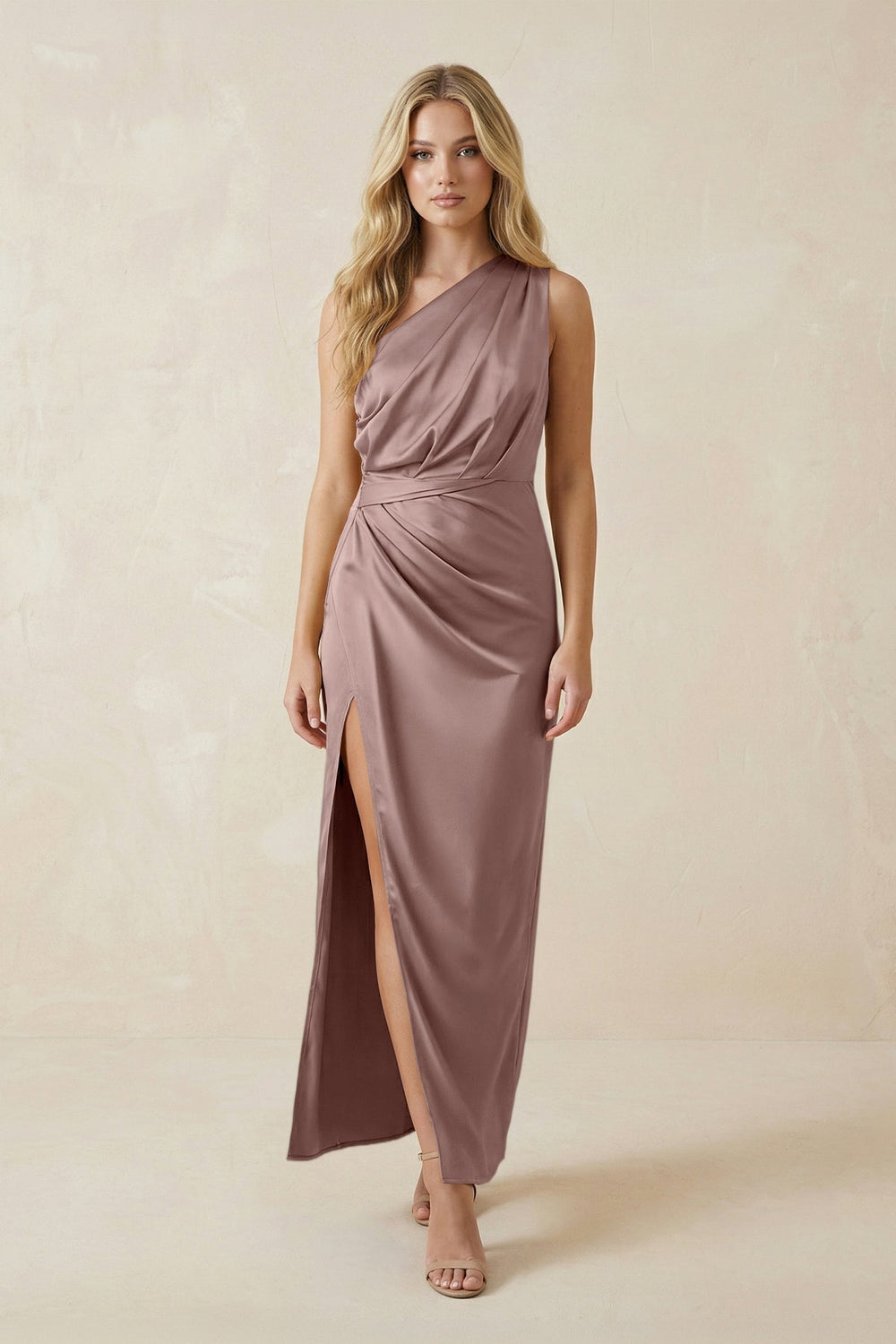 One-Shoulder Satin Ruched Sheath Bridesmaid Dress in Toffee