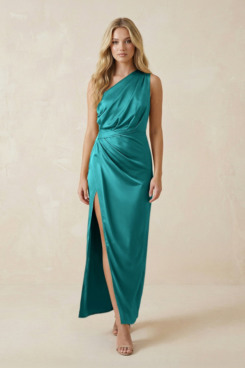 One-Shoulder Satin Ruched Sheath Bridesmaid Dress in Turquoise