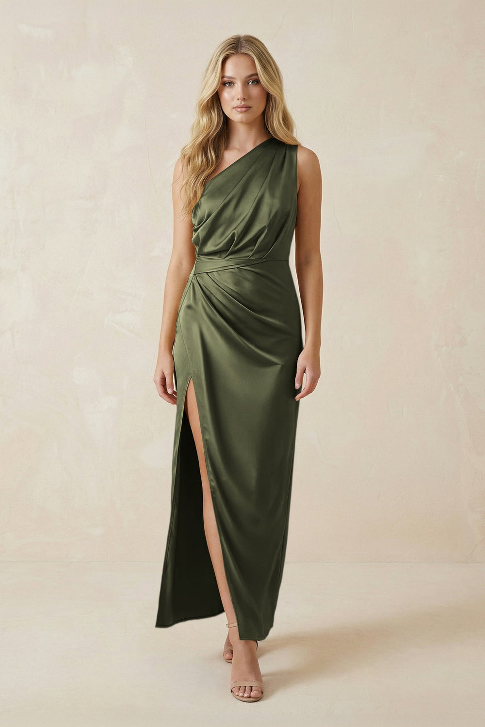 One-Shoulder Satin Ruched Sheath Bridesmaid Dress in Willow Green