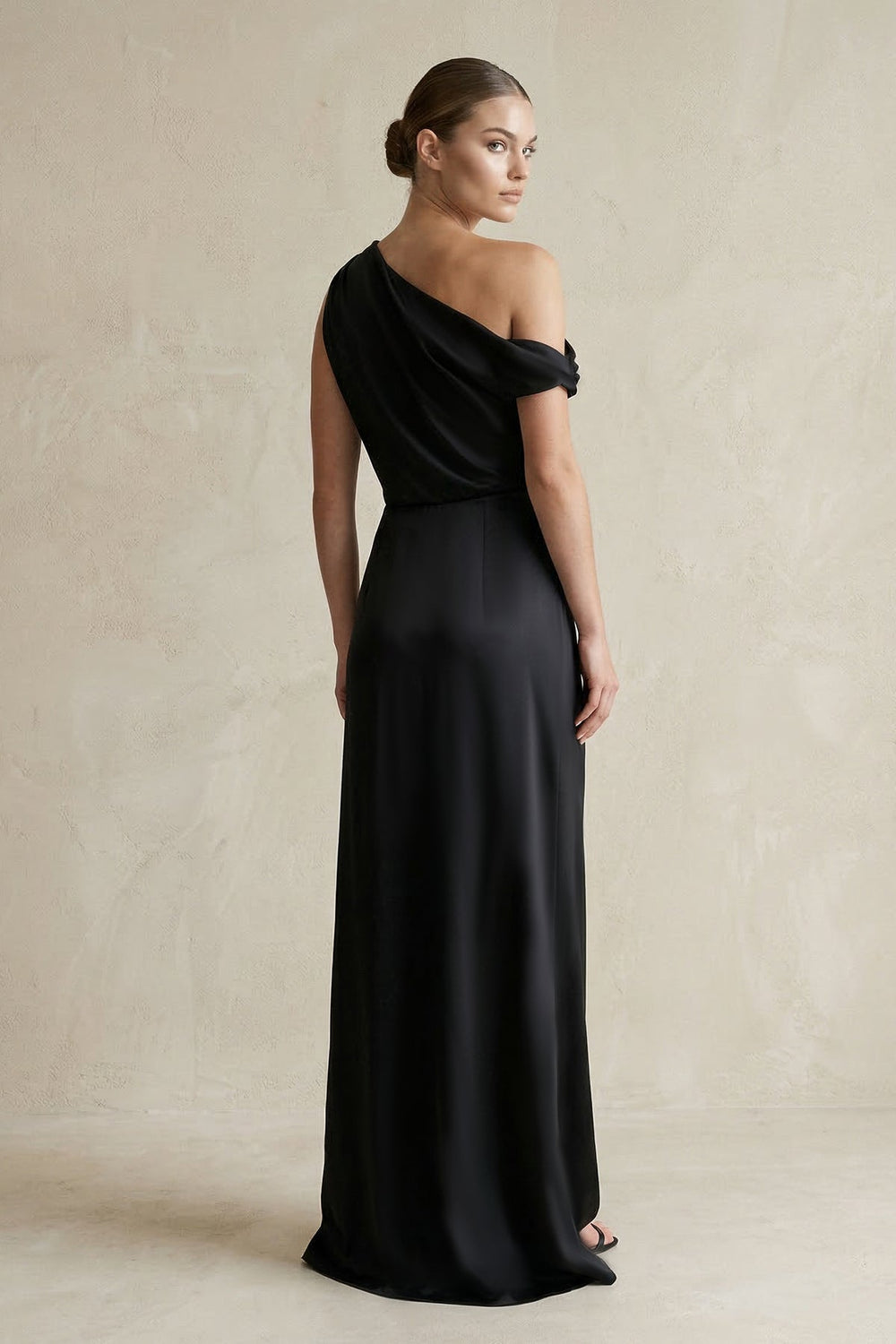 One-Shoulder Satin Sheath Bridesmaid Dress With Slit in Black