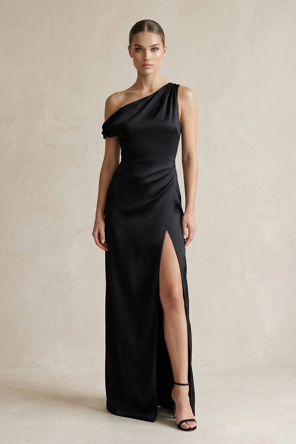 One-Shoulder Satin Sheath Bridesmaid Dress With Slit in Black