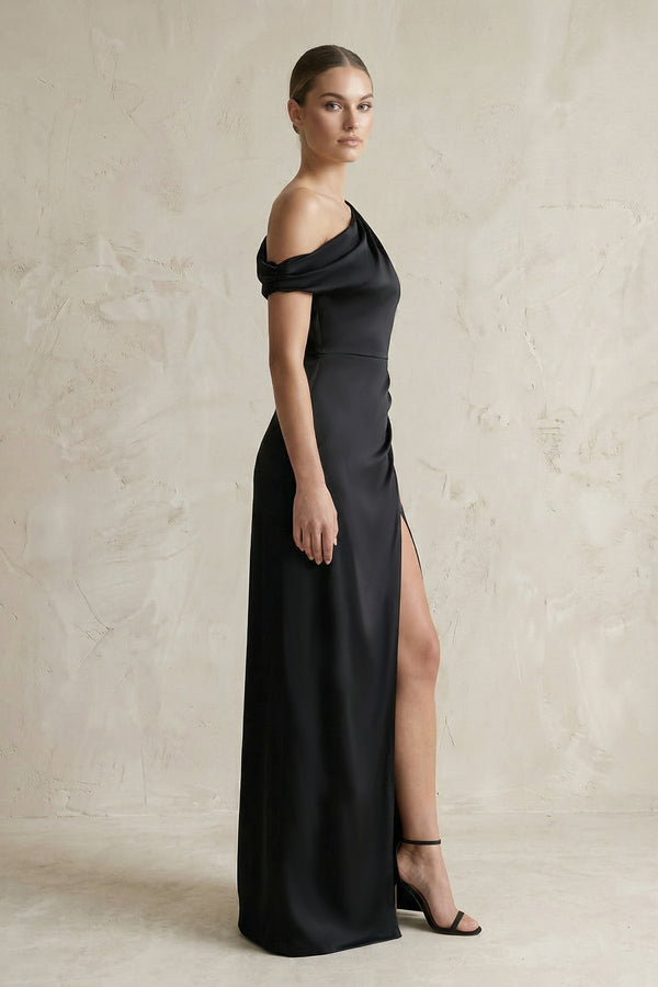 One - Shoulder Satin Sheath Bridesmaid Dress With Slit in Black - KISS BRIDAL Bridesmaid Dresses