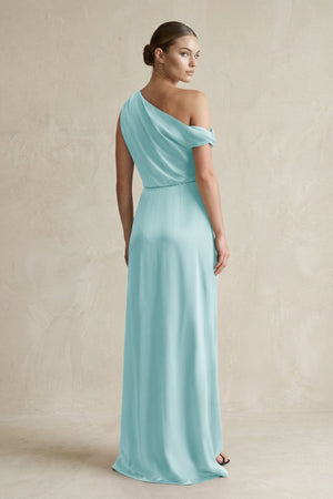 One - Shoulder Satin Sheath Bridesmaid Dress With Slit in Bleached Aqua - KISS BRIDAL Bridesmaid Dresses