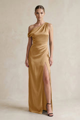 One - Shoulder Satin Sheath Bridesmaid Dress With Slit in Bronzer - KISS BRIDAL Bridesmaid Dresses