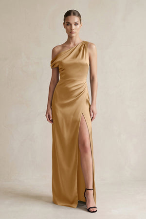 One - Shoulder Satin Sheath Bridesmaid Dress With Slit in Bronzer - KISS BRIDAL Bridesmaid Dresses