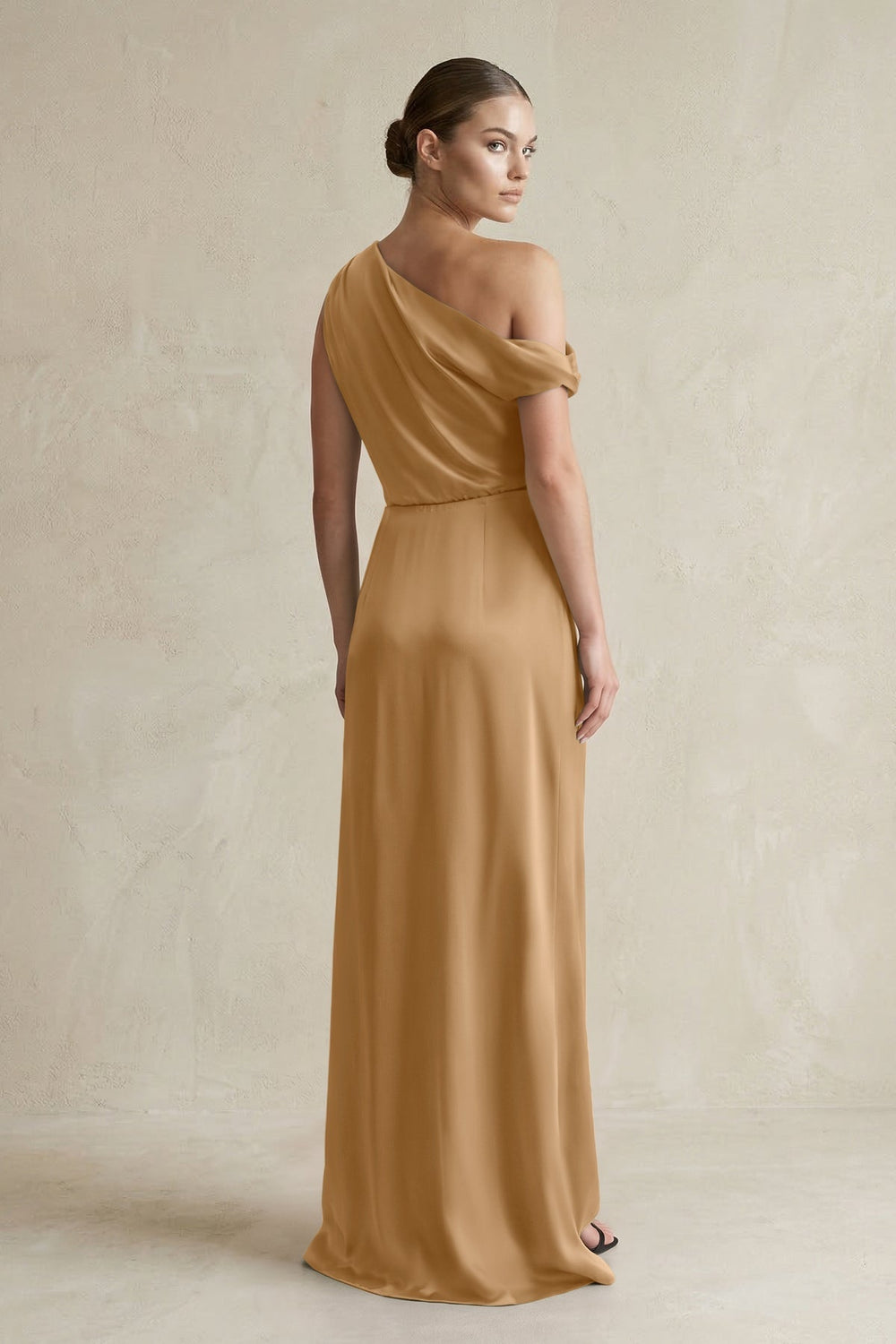 One-Shoulder Satin Sheath Bridesmaid Dress With Slit in Bronzer