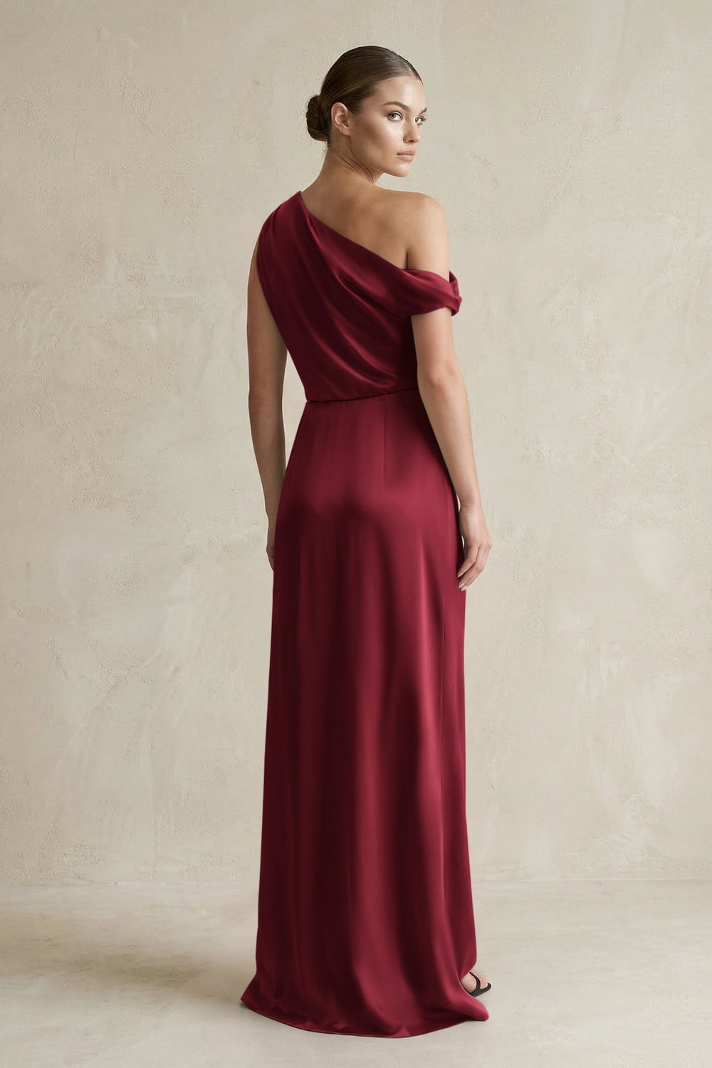 One-Shoulder Satin Sheath Bridesmaid Dress With Slit in Burgundy