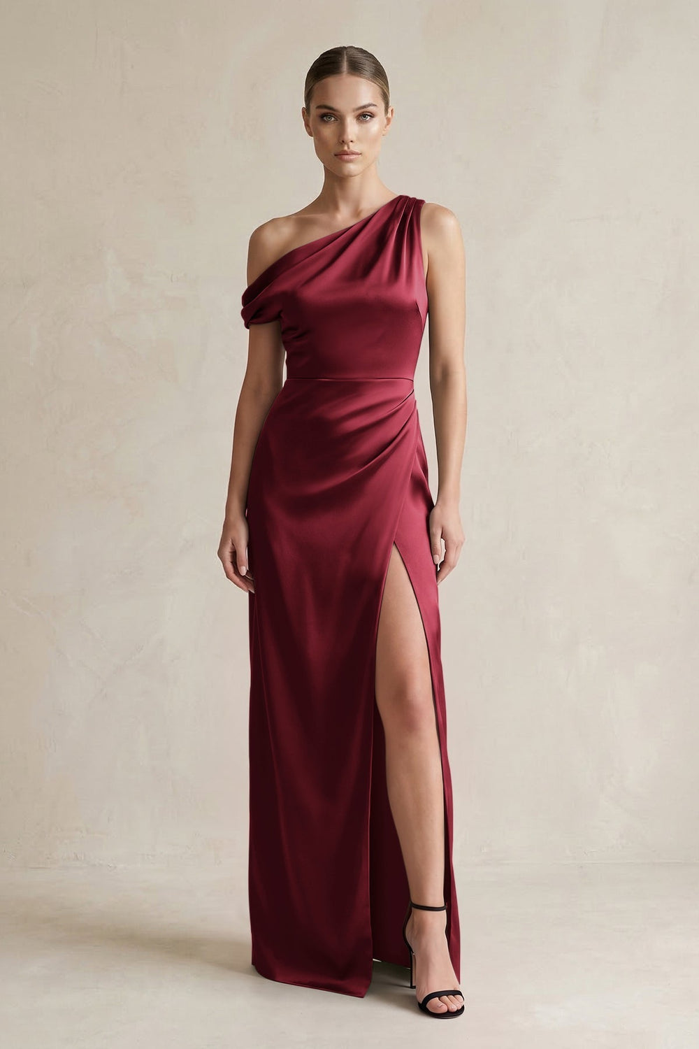 One-Shoulder Satin Sheath Bridesmaid Dress With Slit in Burgundy