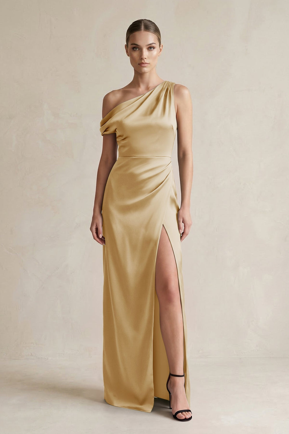 One-Shoulder Satin Sheath Bridesmaid Dress With Slit in Champagne