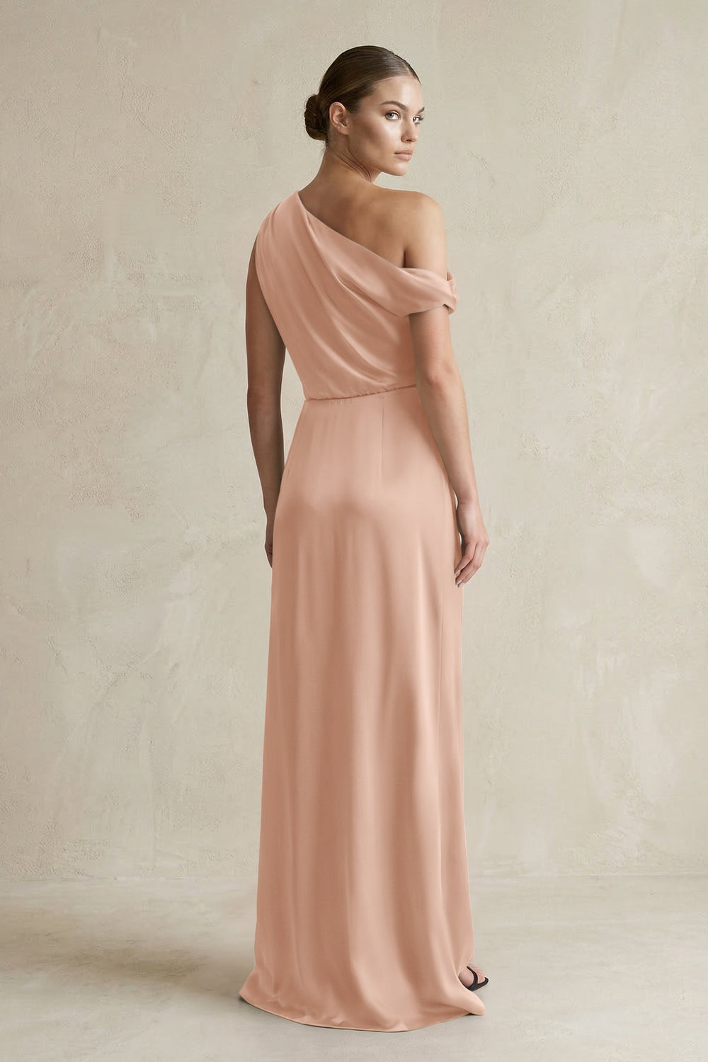 One-Shoulder Satin Sheath Bridesmaid Dress With Slit in Champagne Rose
