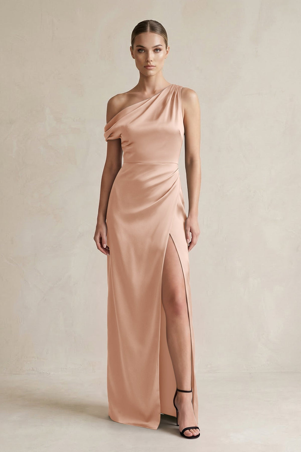 One-Shoulder Satin Sheath Bridesmaid Dress With Slit in Champagne Rose