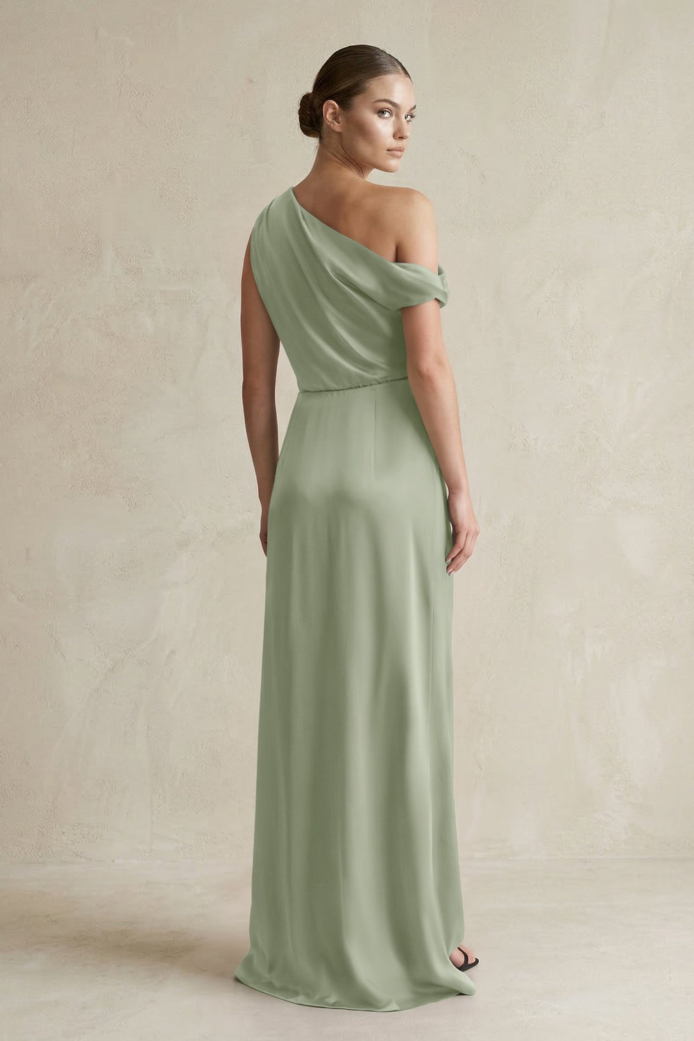 One-Shoulder Satin Sheath Bridesmaid Dress With Slit in Dove Gray