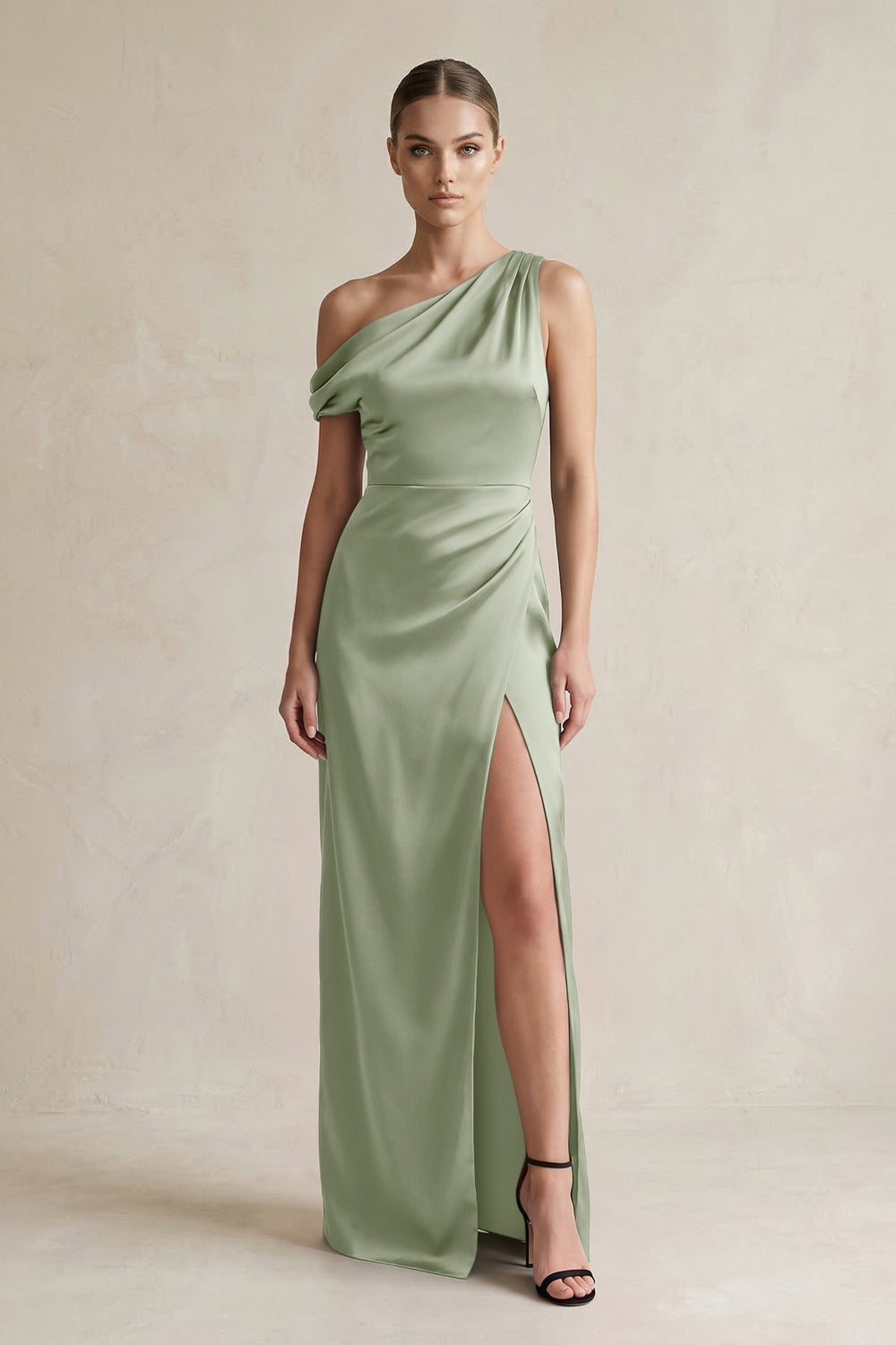 One-Shoulder Satin Sheath Bridesmaid Dress With Slit in Dove Gray