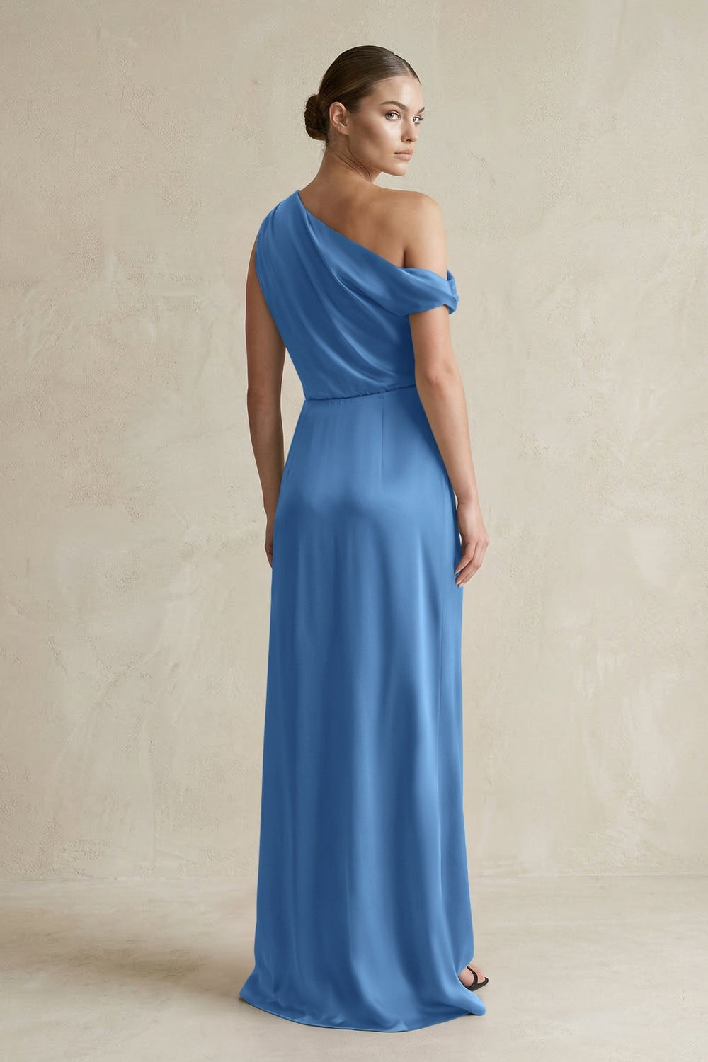One-Shoulder Satin Sheath Bridesmaid Dress With Slit in Dusty Blue