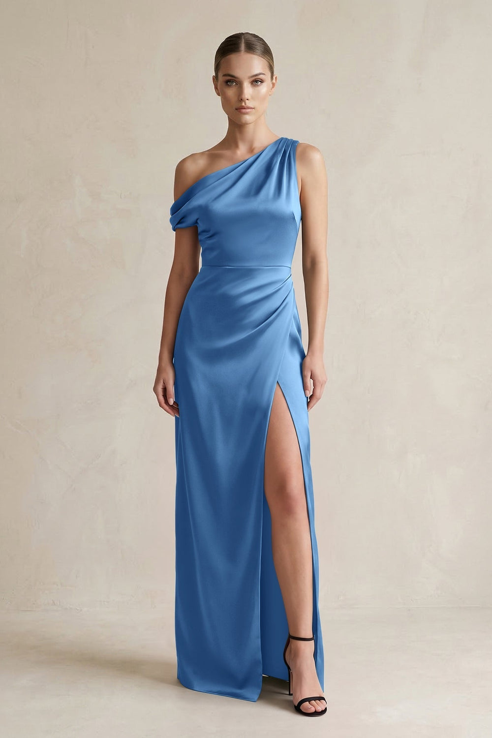One-Shoulder Satin Sheath Bridesmaid Dress With Slit in Dusty Blue