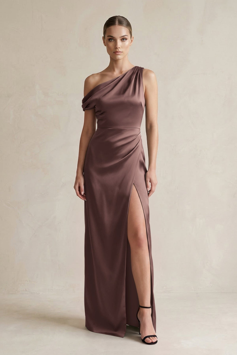 One-Shoulder Satin Sheath Bridesmaid Dress With Slit in Espresso