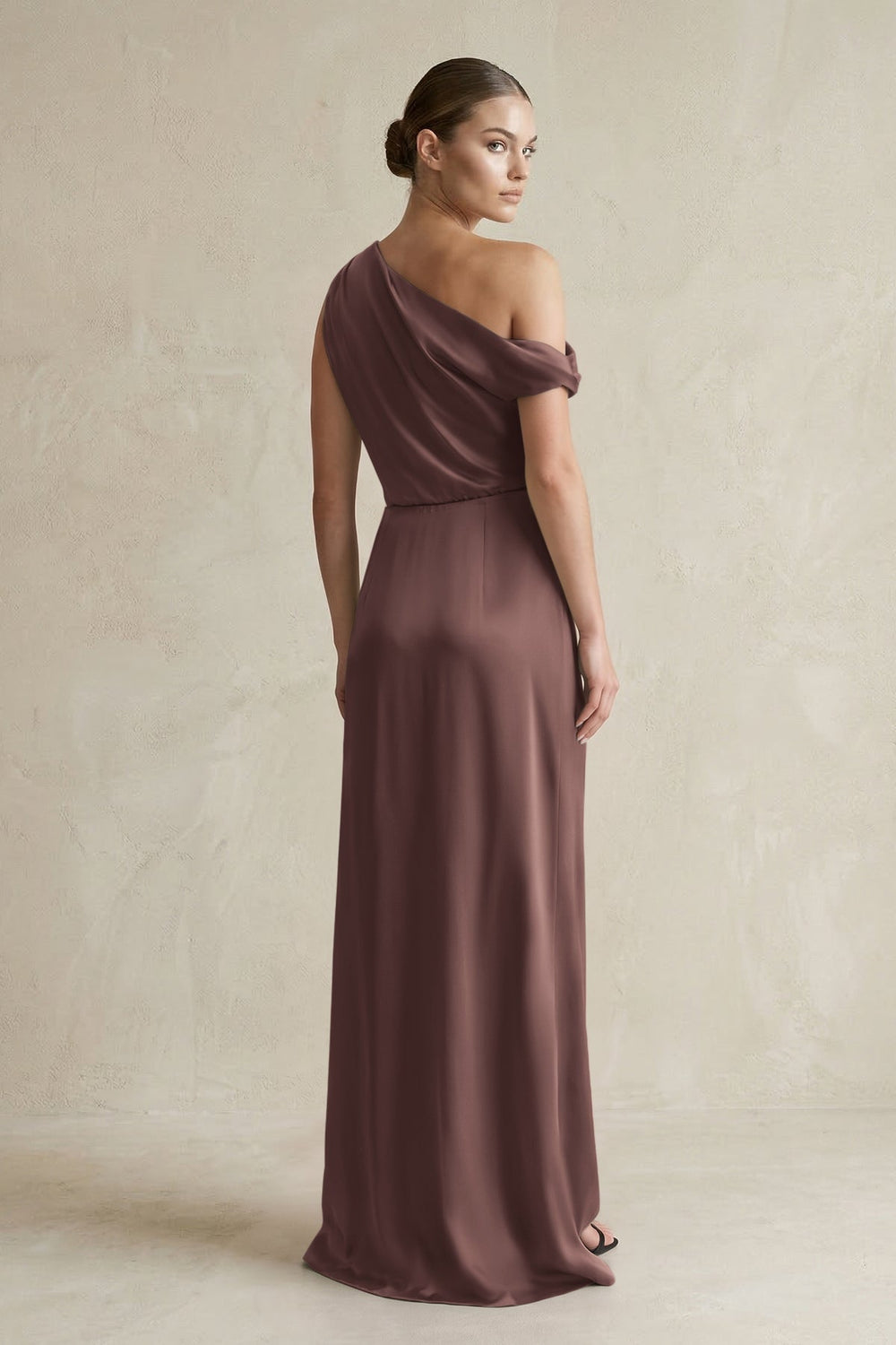 One-Shoulder Satin Sheath Bridesmaid Dress With Slit in Espresso
