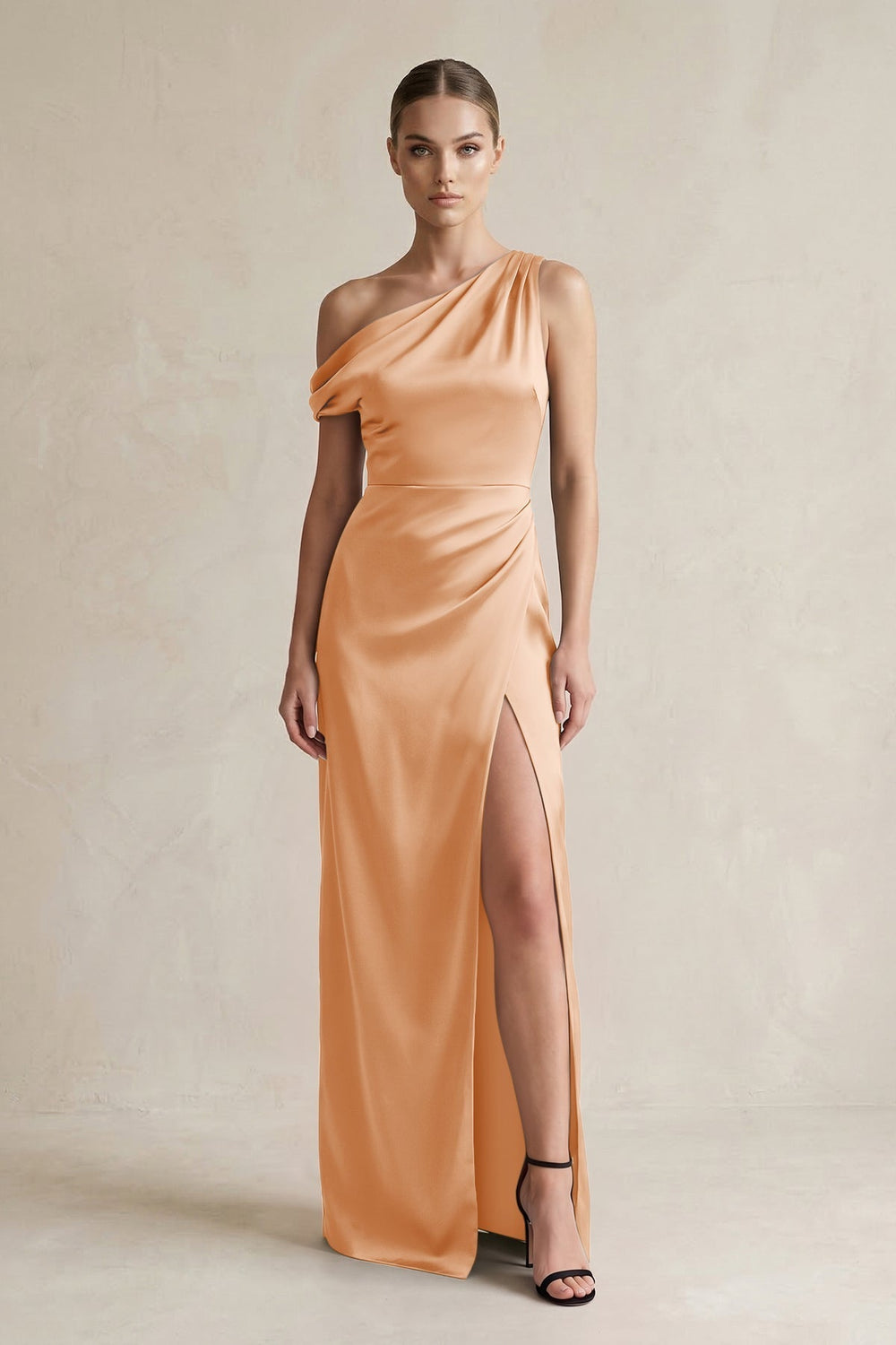 One-Shoulder Satin Sheath Bridesmaid Dress With Slit in Golden Champagne