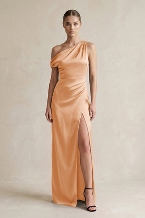 One - Shoulder Satin Sheath Bridesmaid Dress With Slit in Golden Champagne - KISS BRIDAL Bridesmaid Dresses