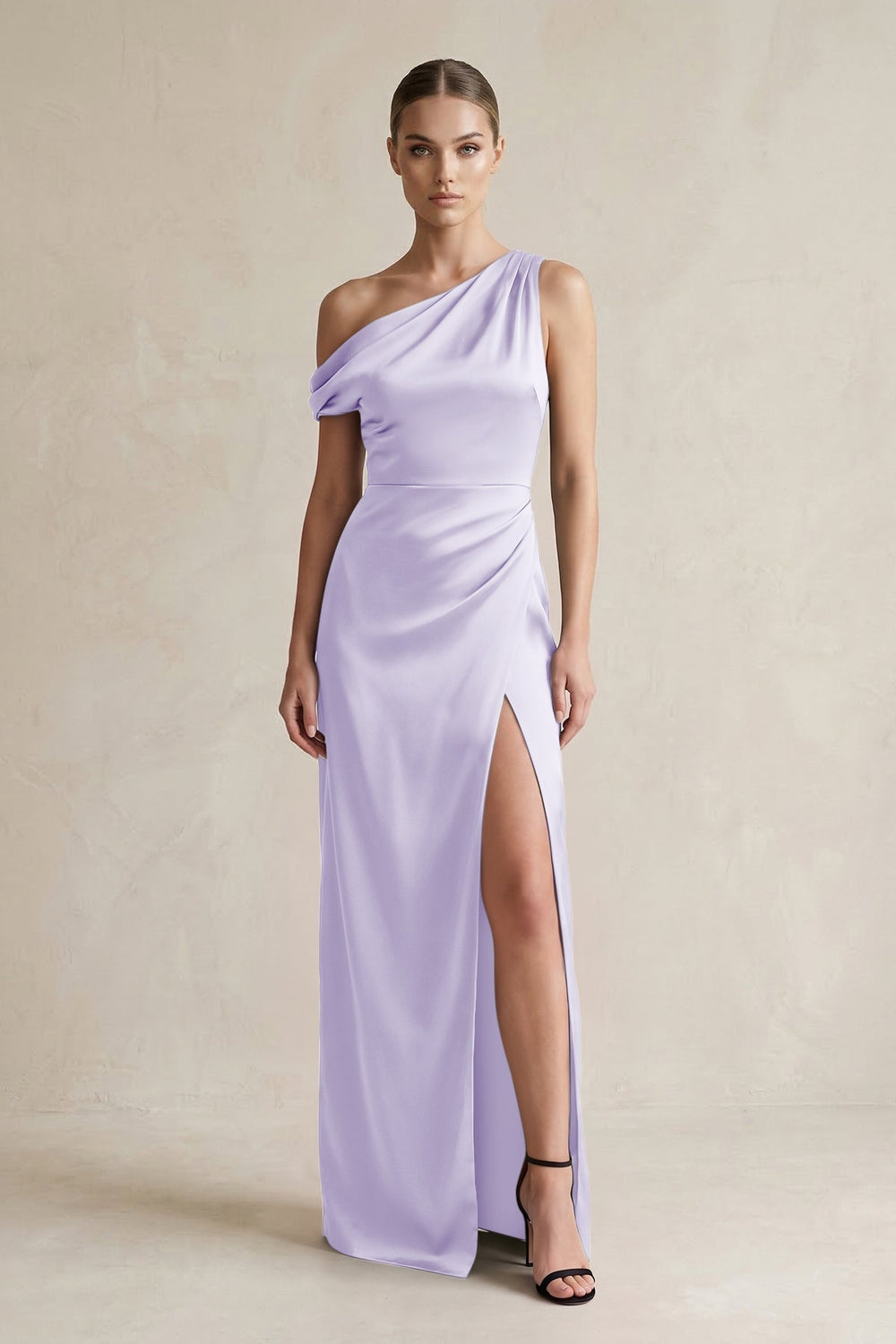One-Shoulder Satin Sheath Bridesmaid Dress With Slit in Lavender