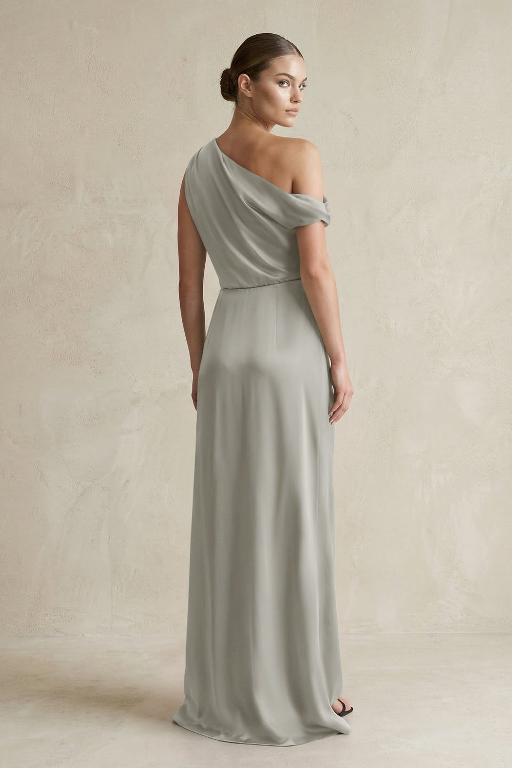 One-Shoulder Satin Sheath Bridesmaid Dress With Slit in Silver